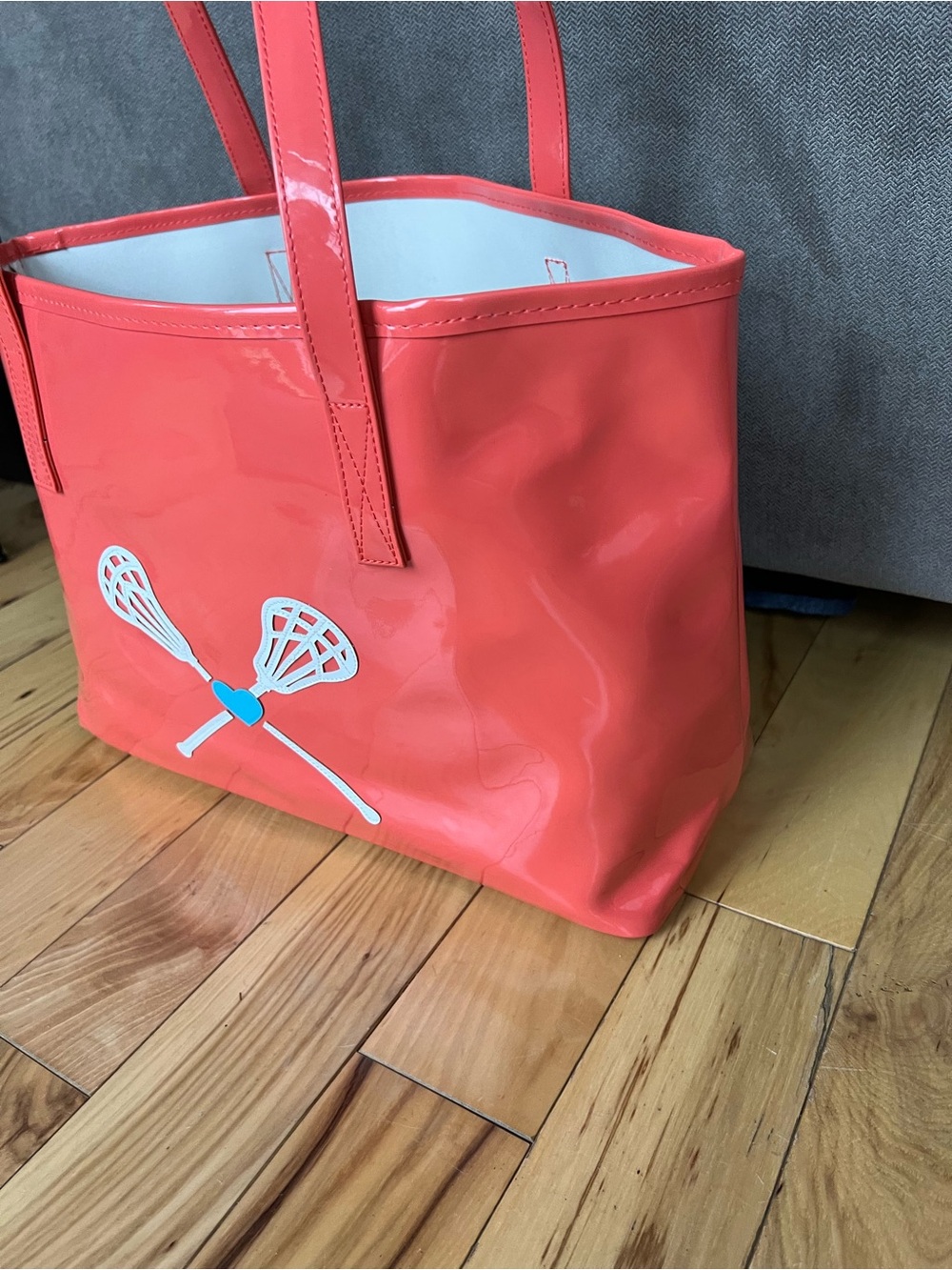 Coral Lacrosse Print Patent Tote Bag